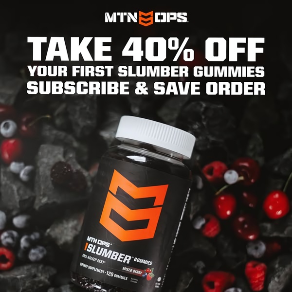 A high-contrast 1:1 image featuring a bottle of Slumber Gummies surrounded by dark berries and coal-like textures, highlighting a 40% discount for new subscribers.